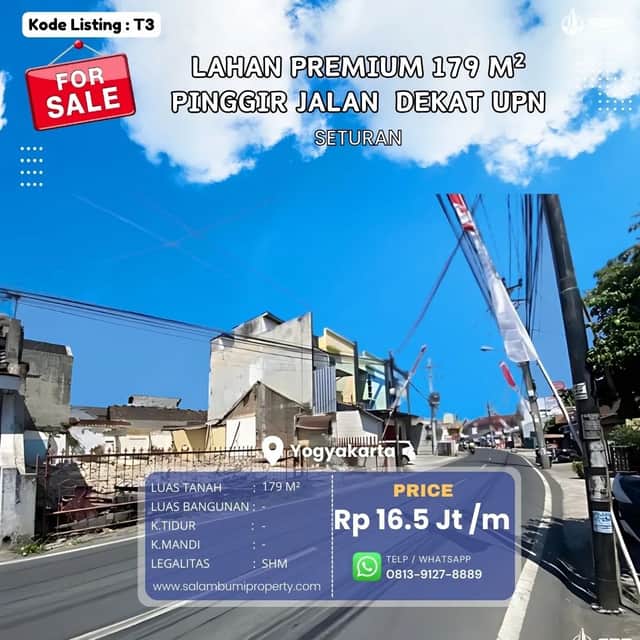 Tanah SHM 179m² Pinggir Jalan Utama Seturan-Kledokan, Dekat UPN - Peluang Investasi Menjanjikan!