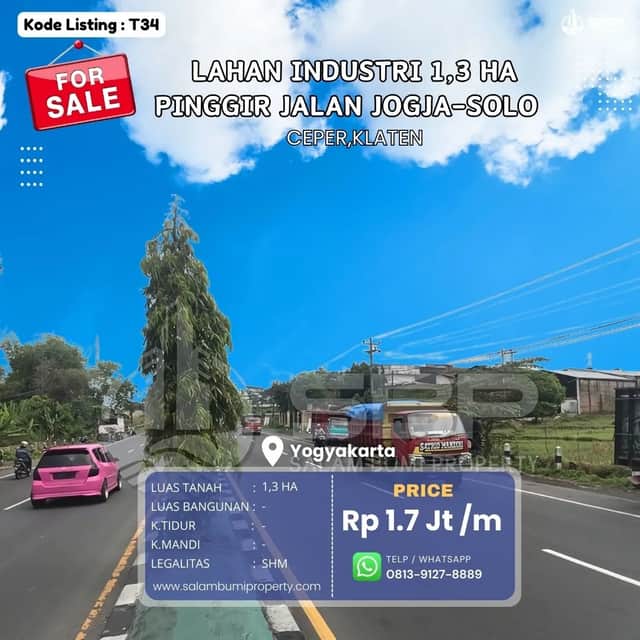 Lahan Prospektif Zona Industri Klaten - Tanah 1,3 Ha Dekat Exit Toll