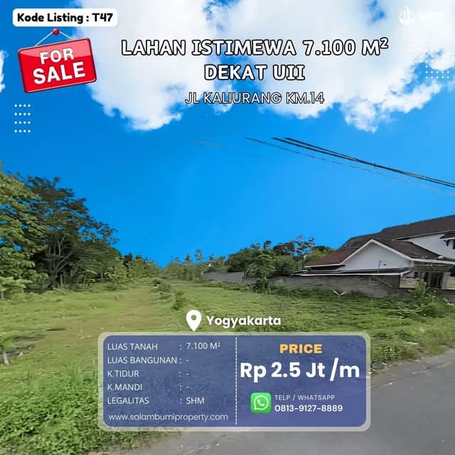Lahan Spesial 7.100m2 di Jl Kaliurang Km 12, Klidon, Dekat Kampus UII