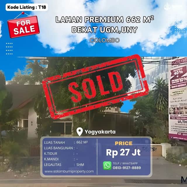 SHMP 662m², Pinggir Jalan Utama Colombo Dekat UNY, Gejayan, UGM, Sadhar, & Affandi