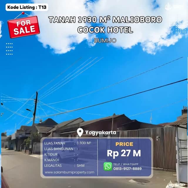 Tanah 1930m2 di Bumijo, Dekat TUGU & Malioboro, Ideal untuk Hotel dan Investasi