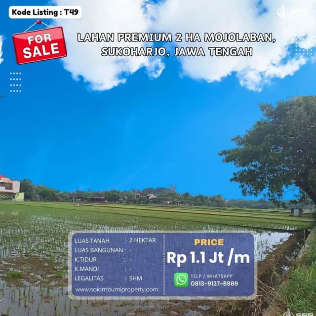 Lahan Istimewa 2HA di Mojolaban, Sukoharjo — Cocok untuk Perumahan Minimalis, Harga Terjangkau!