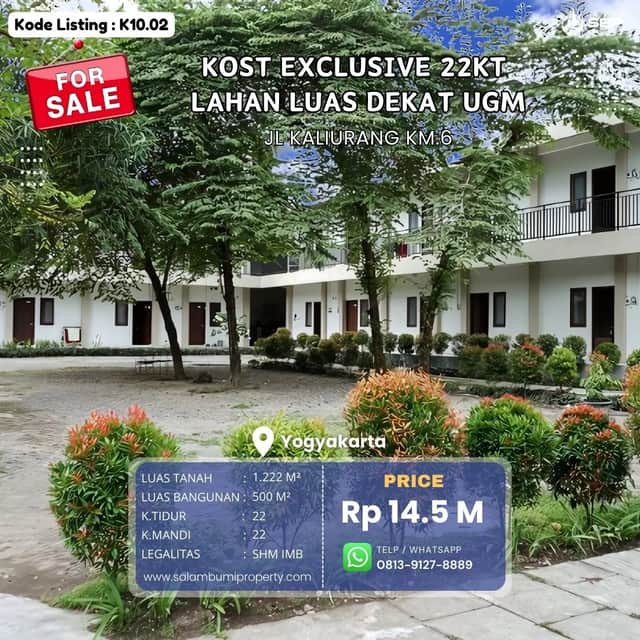Dijual Cepat Kost Exclusive 22 Kamar, Luas 1222m2, Dekat UGM — Potensi Investasi Tinggi!