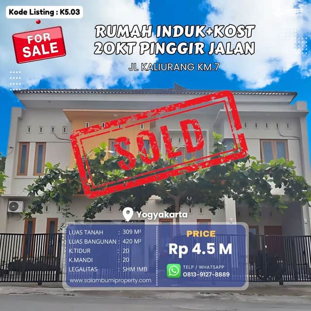 Jual Murah! Kost 18 Kamar di Dekat UGM, Hanya 4,5M