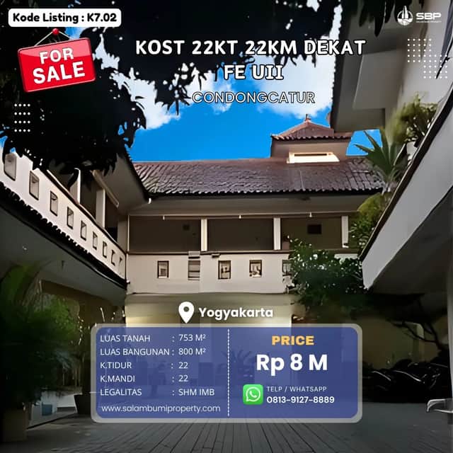Rumah Induk dengan 22 Kamar Kost di Dekat UPN, FE UII, Mancasan!