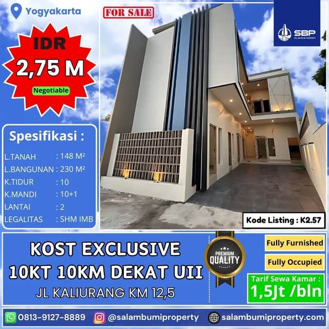 Kost Eksklusif Dekat UII — 10 Kamar, Siap Huni & Strategis