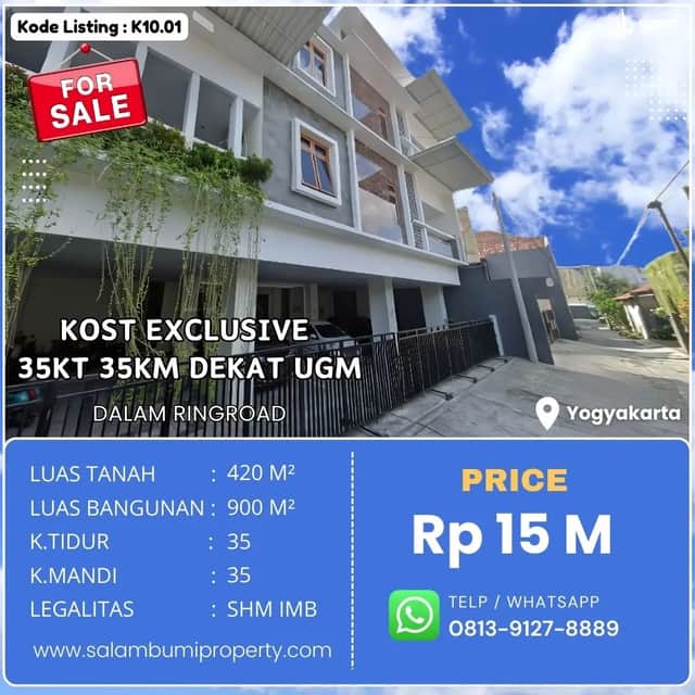 Kost Eksklusif 35 Kamar, 3 Lantai, Full Penghuni di Kaliurang Km 5 Dalam Ringroad, Dekat UGM