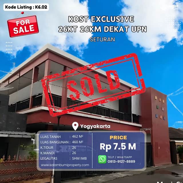 Kost Exclusive 26 Kamar di Seturan, Jl. Lebar Dekat UPN