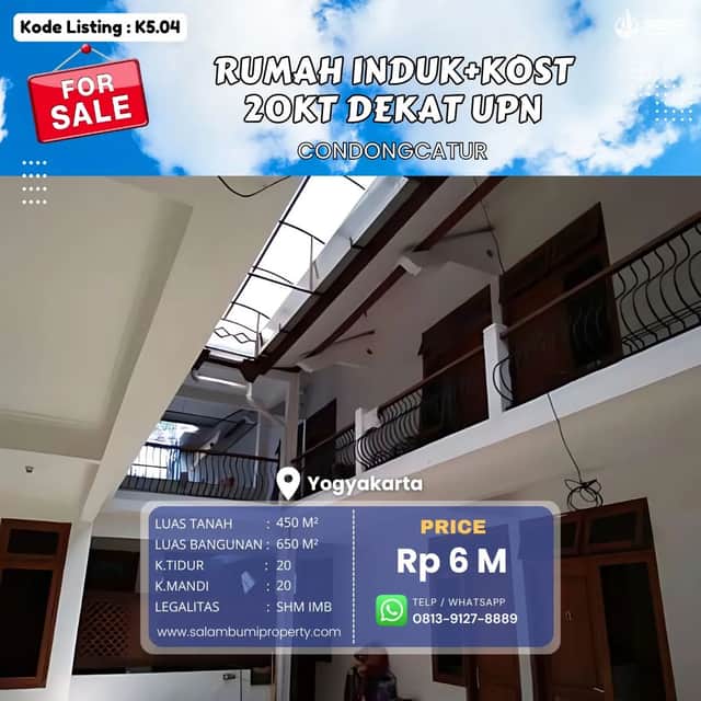 Rumah Induk + Kost 20 Kamar Strategis di Condongcatur, Dekat UPN & Mancasan