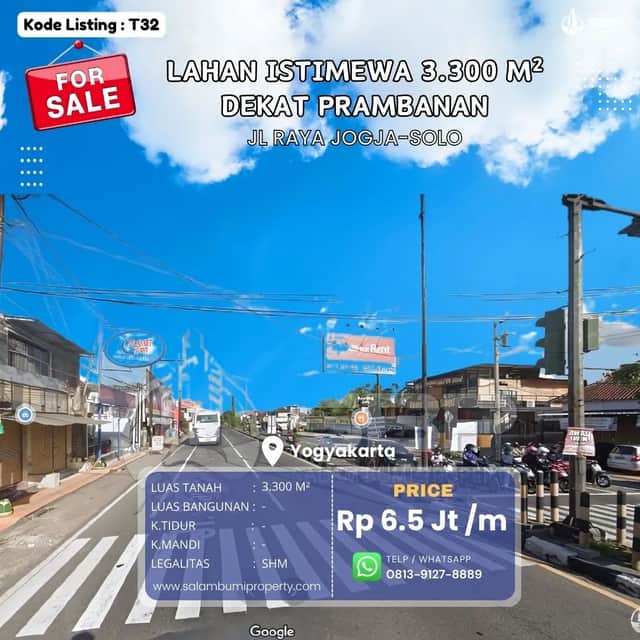 SHMP 3300m² ld 24m Hoek Pinggir Jalan Utama Jogja-Solo, Dekat Prambanan - Bonus Rumah Joglo