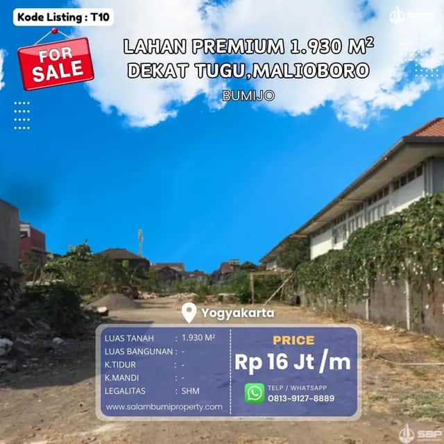 Tanah SHMP 1930m² Strategis, Ideal untuk Hotel, Dekat Malioboro, Stasiun Tugu, Tugu