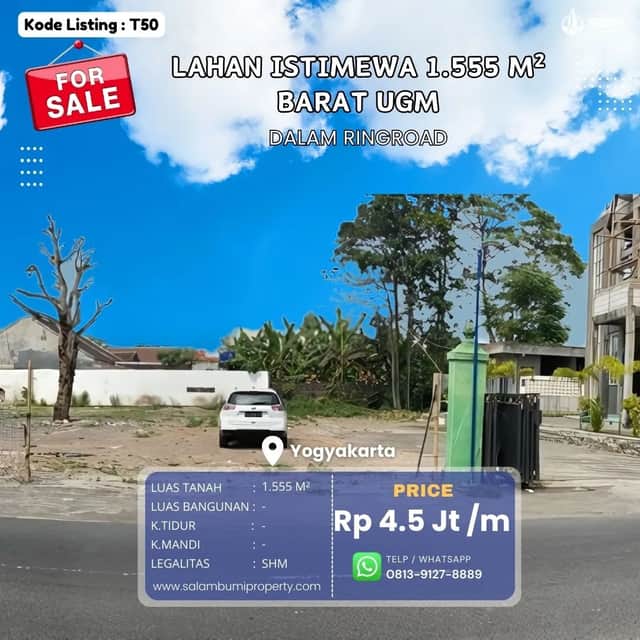 Tanah Strategis HOEK 2 Muka Barat UGM - Jl. Jambon, Yogyakarta - Lokasi Premium, Harga Menarik!