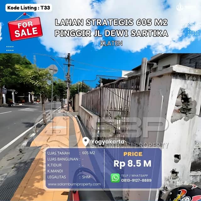 Tanah Strategis Pinggir Jalan Dewi Sartika, Klaten - Depan Rumah Dinas Wakil Bupati