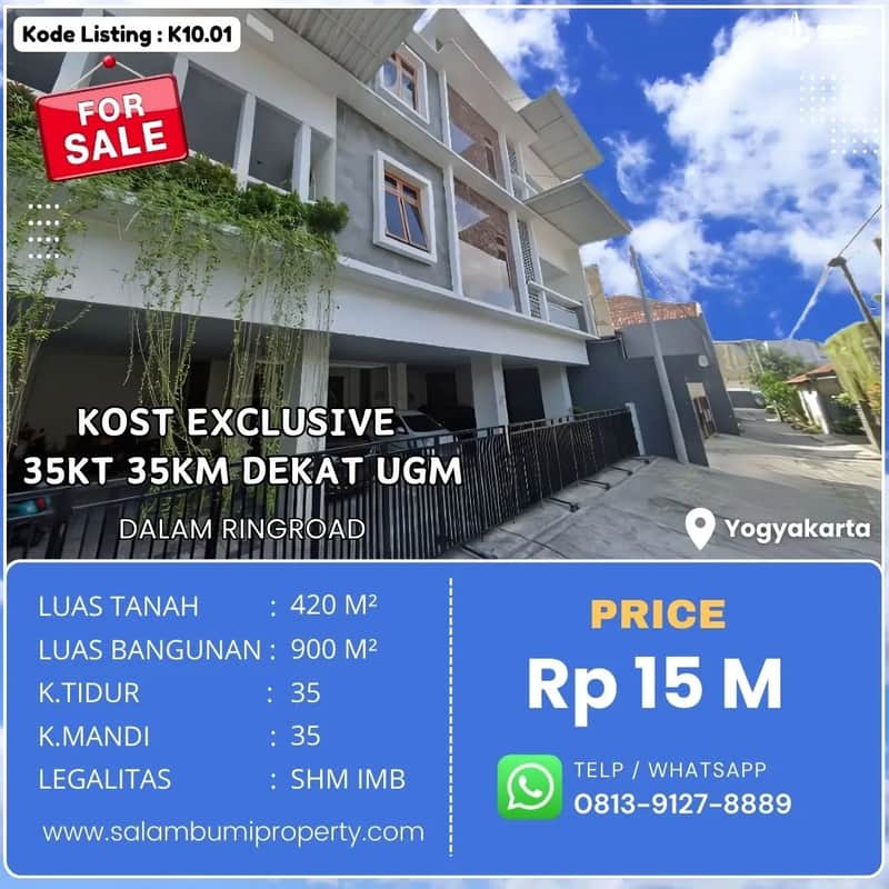 Kost Eksklusif 35 Kamar, 3 Lantai, Full Penghuni di Kaliurang Km 5 Dalam Ringroad, Dekat UGM 1