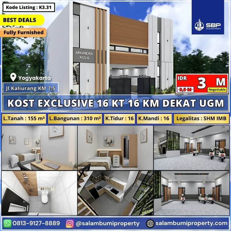 Kost Eksklusif 16 Kamar Fully Furnished — Lokasi Strategis Dekat Kampus UGM Jl. Kaliurang Km 7 1